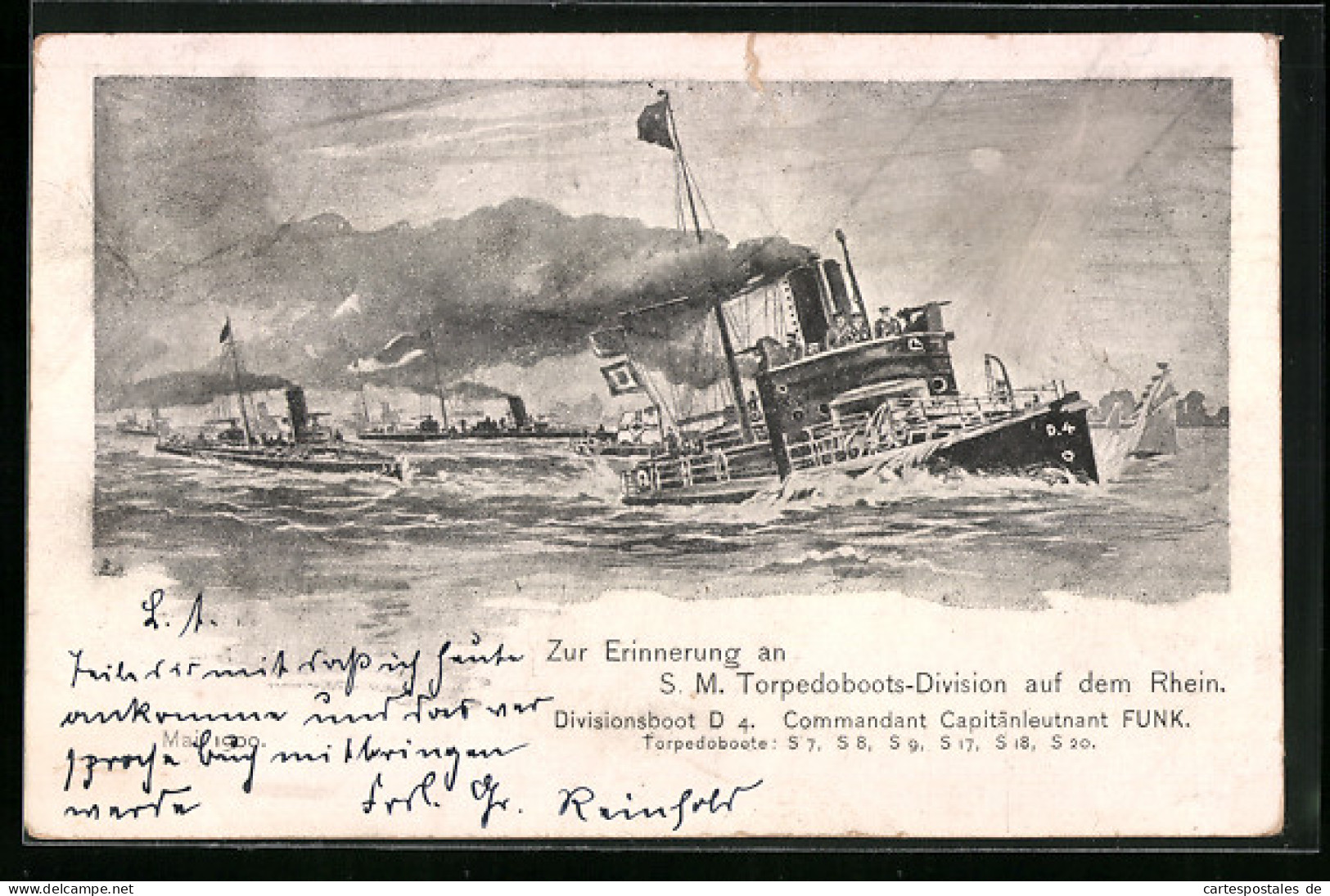 Künstler-AK Torpedoboots-Division, Divisionsboot D.4 Auf Dem Rhein  - Guerra