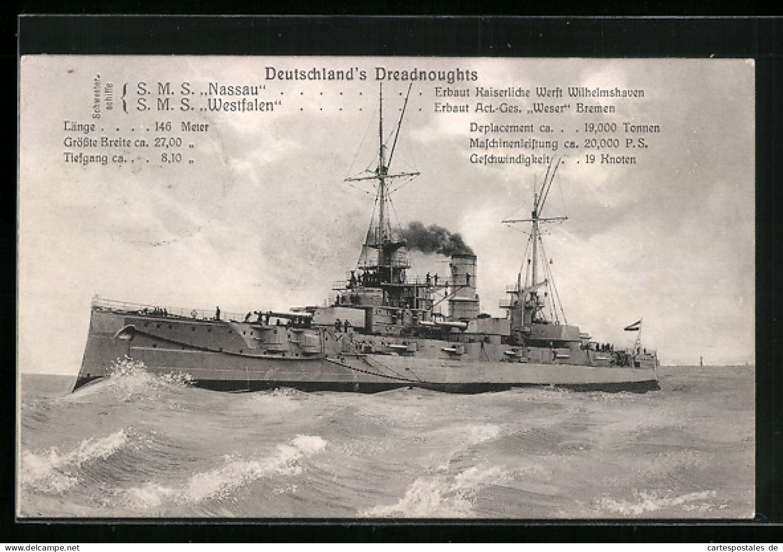 AK Deutschland`s Dreadnoughts SMS Nassau, Westfalen  - Guerra
