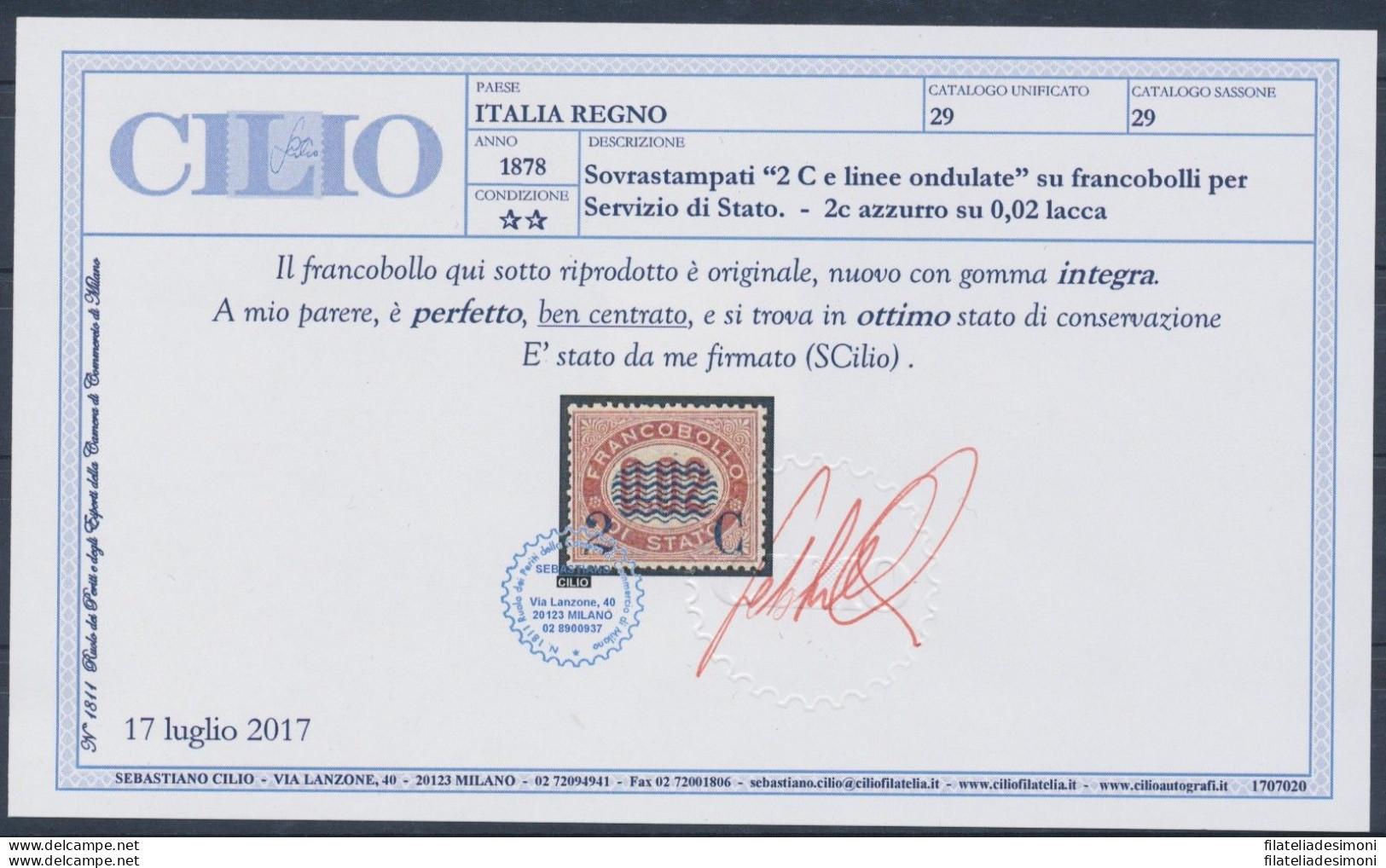 1878 Italia - Regno,  Sovrastampati, 2 Cent Su 0.02 , Linee Ondulate , N 29 , MN - Altri & Non Classificati