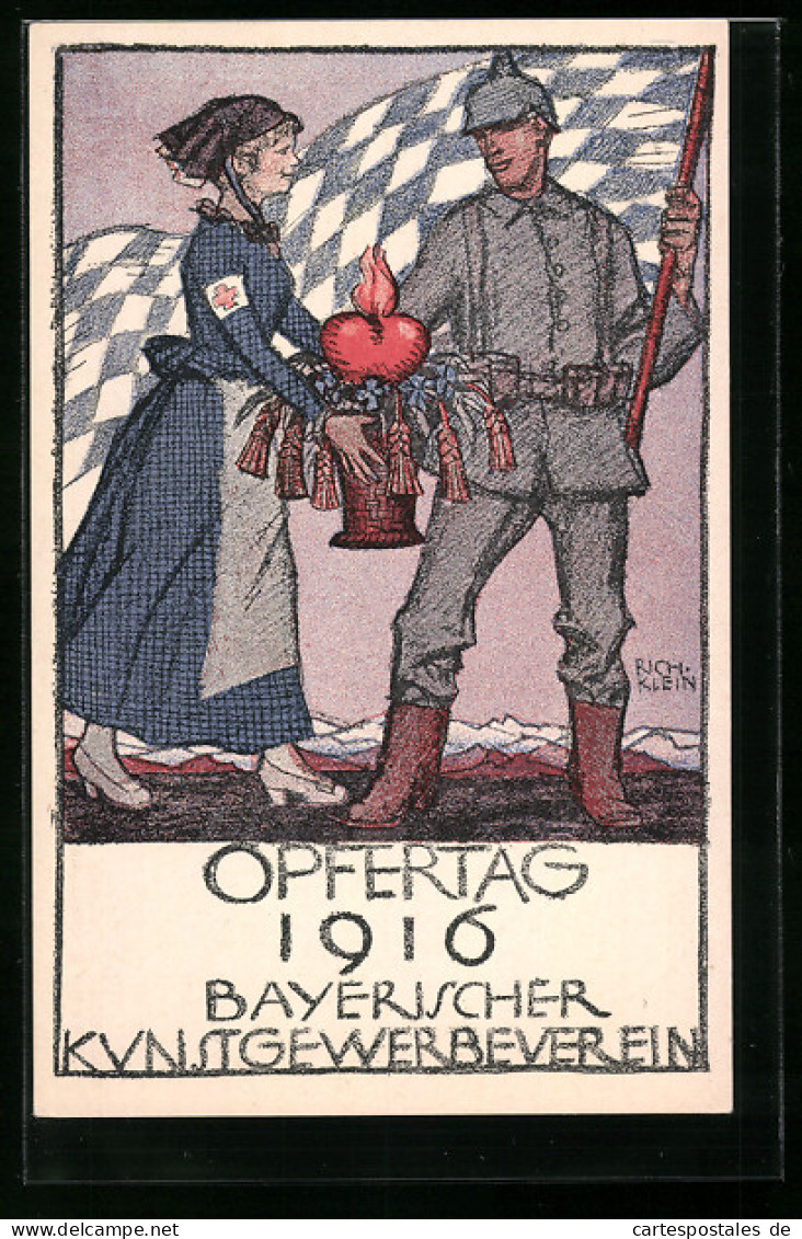 Künstler-AK Richard Klein: Rotkreuz-Schwester Mit Soldat, Opfertag Des Bayerischen Kunstgewerbevereins 1916  - Croix-Rouge