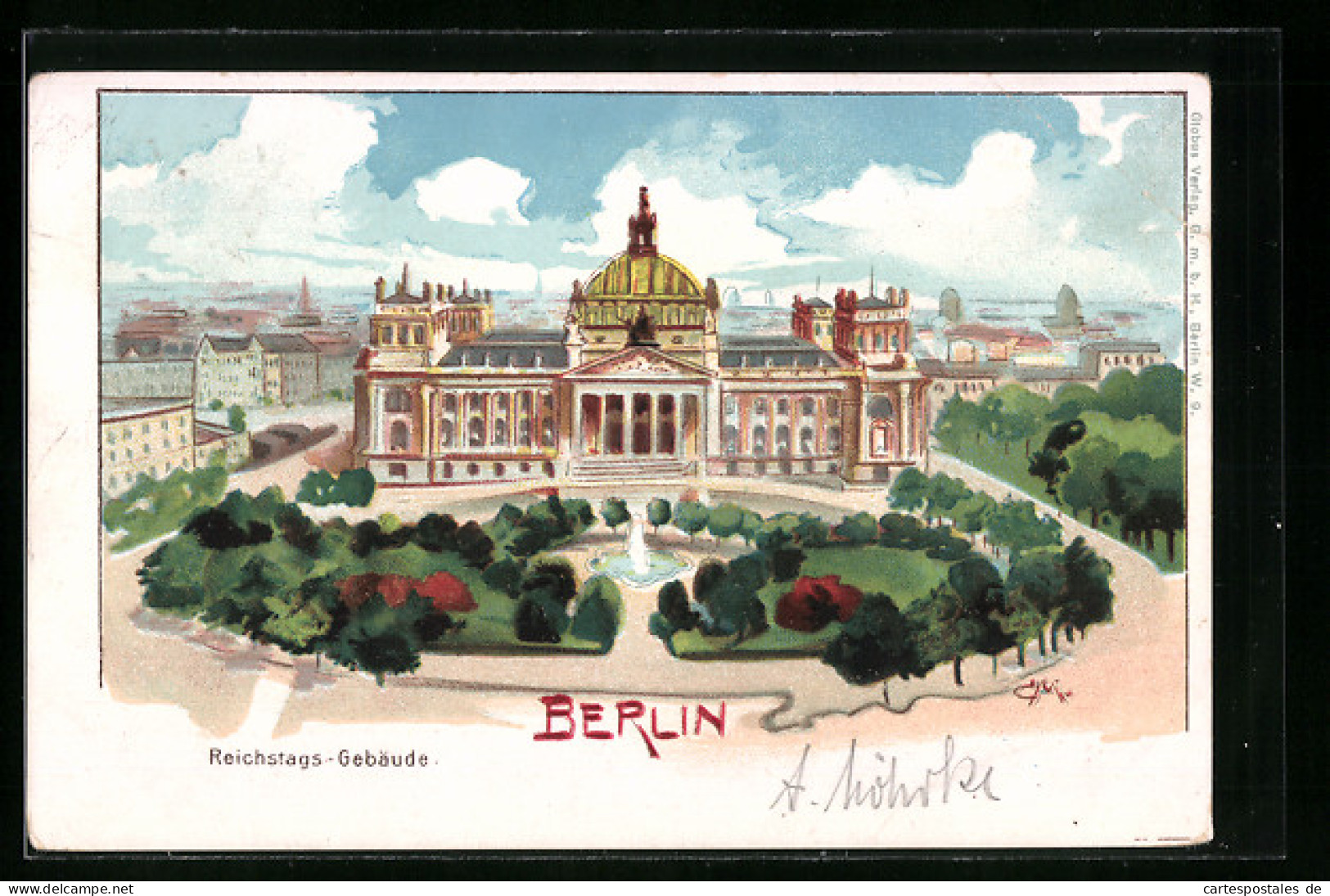 Lithographie Berlin-Tiergarten, Reichstags-Gebäude Mit Anlagen Aus Der Vogelschau  - Dierentuin