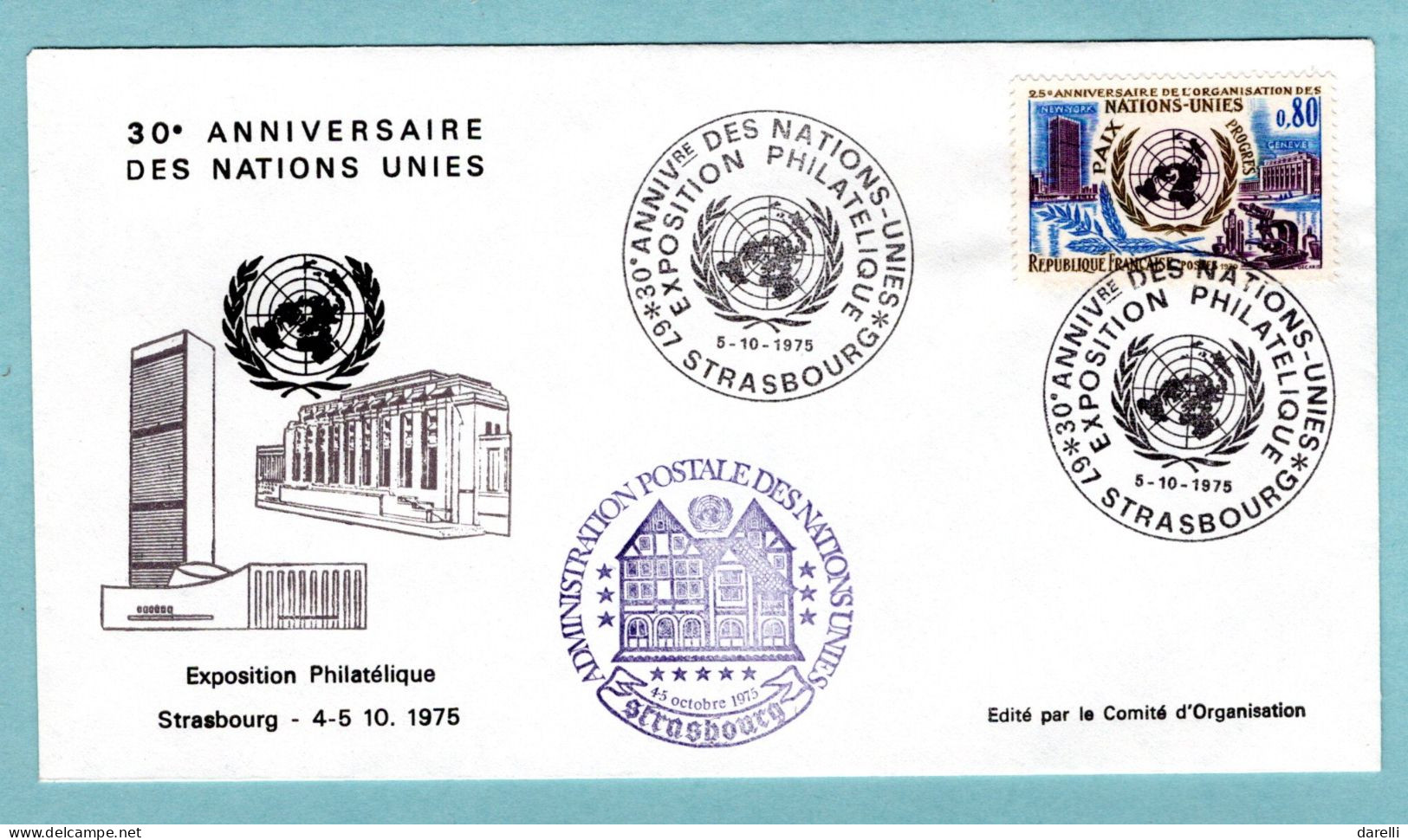 FDC France Oblitération 1975 - Exposition Philatélique Strasbourg - 30e Anniversaire Des Nations-Unies - YT 1658 - 1970-1979