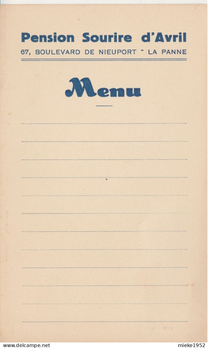 La Panne - De Panne , Menu De La Pension Sourire D'Avril , 67 Boulevard De Nieuport - De Panne