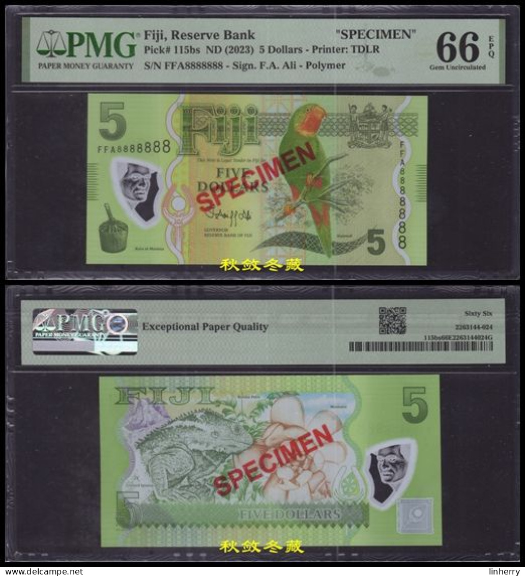 Fiji 5 Dollars, 2023, Polymer, FFA+ Solid 8, Specimen, PMG66 - Fidji