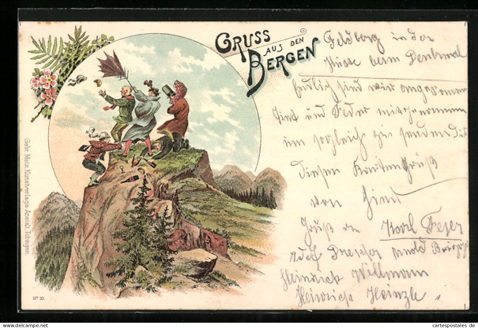 Lithographie Gipfelstürmer Im Sturm Auf Dem Gipfel, Das Toupet Fliegt Davon  - Mountaineering, Alpinism