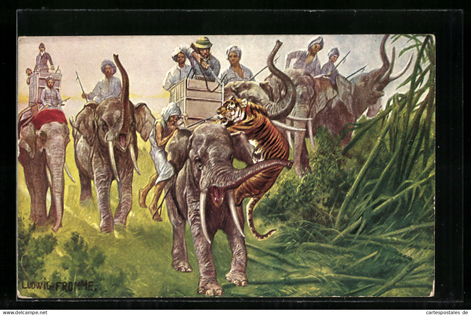 Künstler-AK Ludwig Fromme: Tiger Greift Inder Auf Elefanten An  - Elefanten