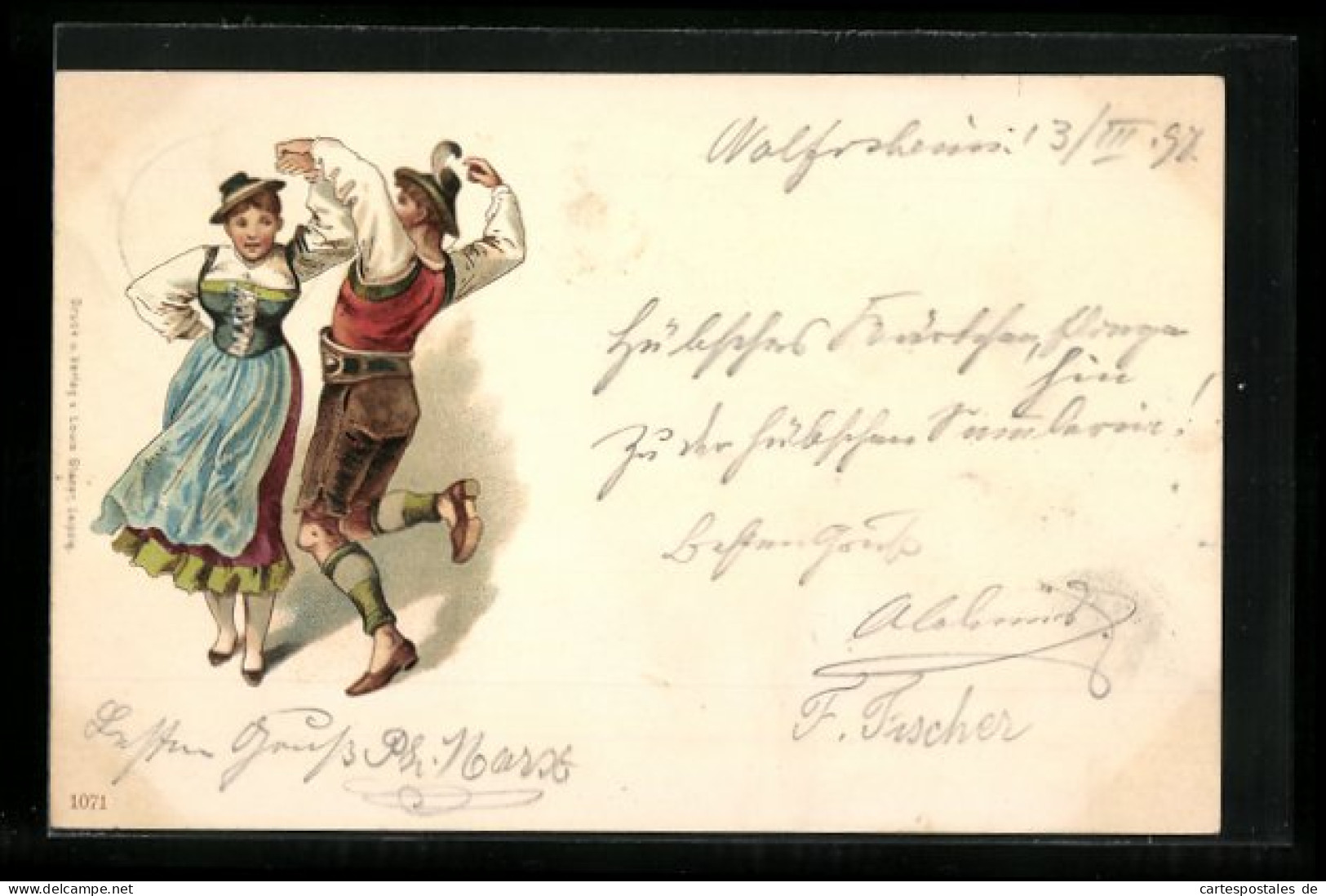 Lithographie Mann Und Frau In Trachten Beim Volkstanz  - Dance