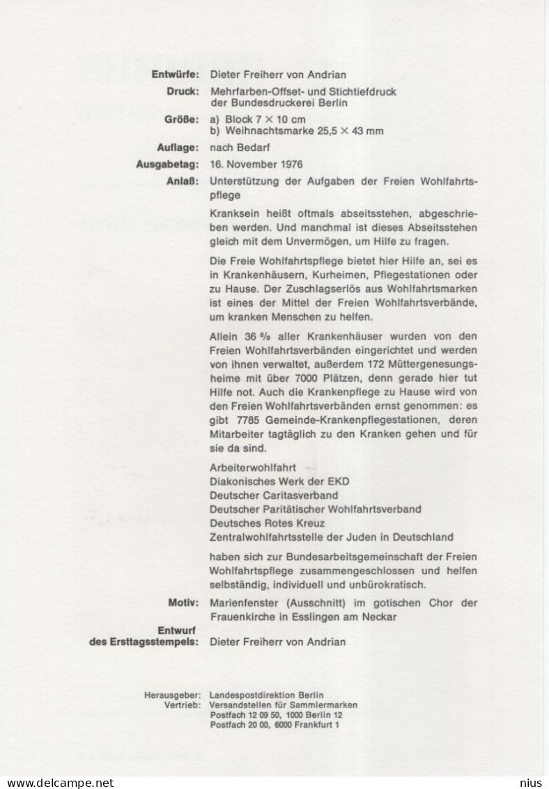 Germany Deutschland 1976-08 ETB "Weihnachtsmarke" First Day Sheet, Christmas, Weihnachten, Canceled In Berlin - 1974-1980