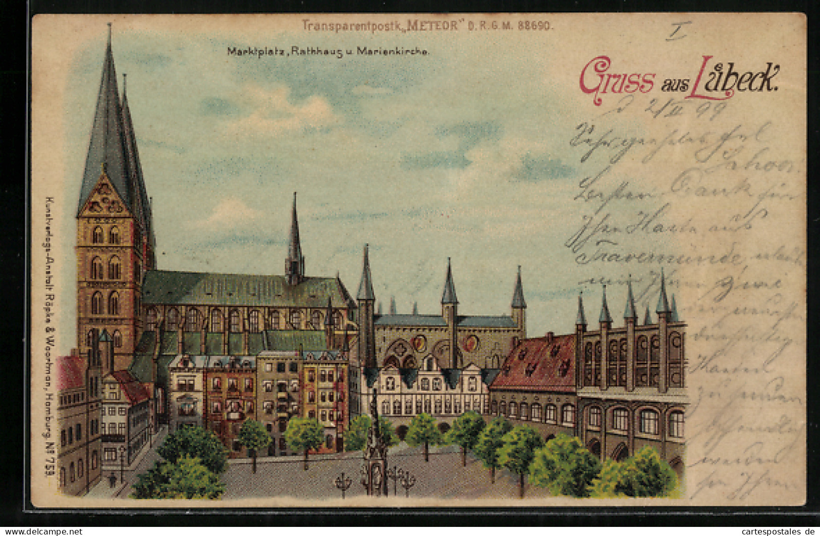 Lithographie Lübeck, Marktplatz, Rathaus Und Marienkirche, Halt Gegen Das Licht  - Luebeck