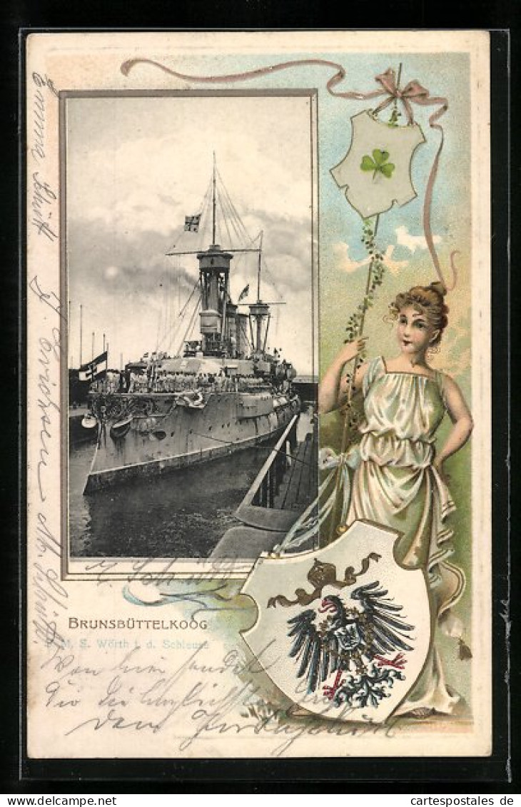 Lithographie Brunsbüttelkoog, Kriegsschiff SMS Wörth In Der Schleuse, Ostasiengeschwader, Wappen  - China