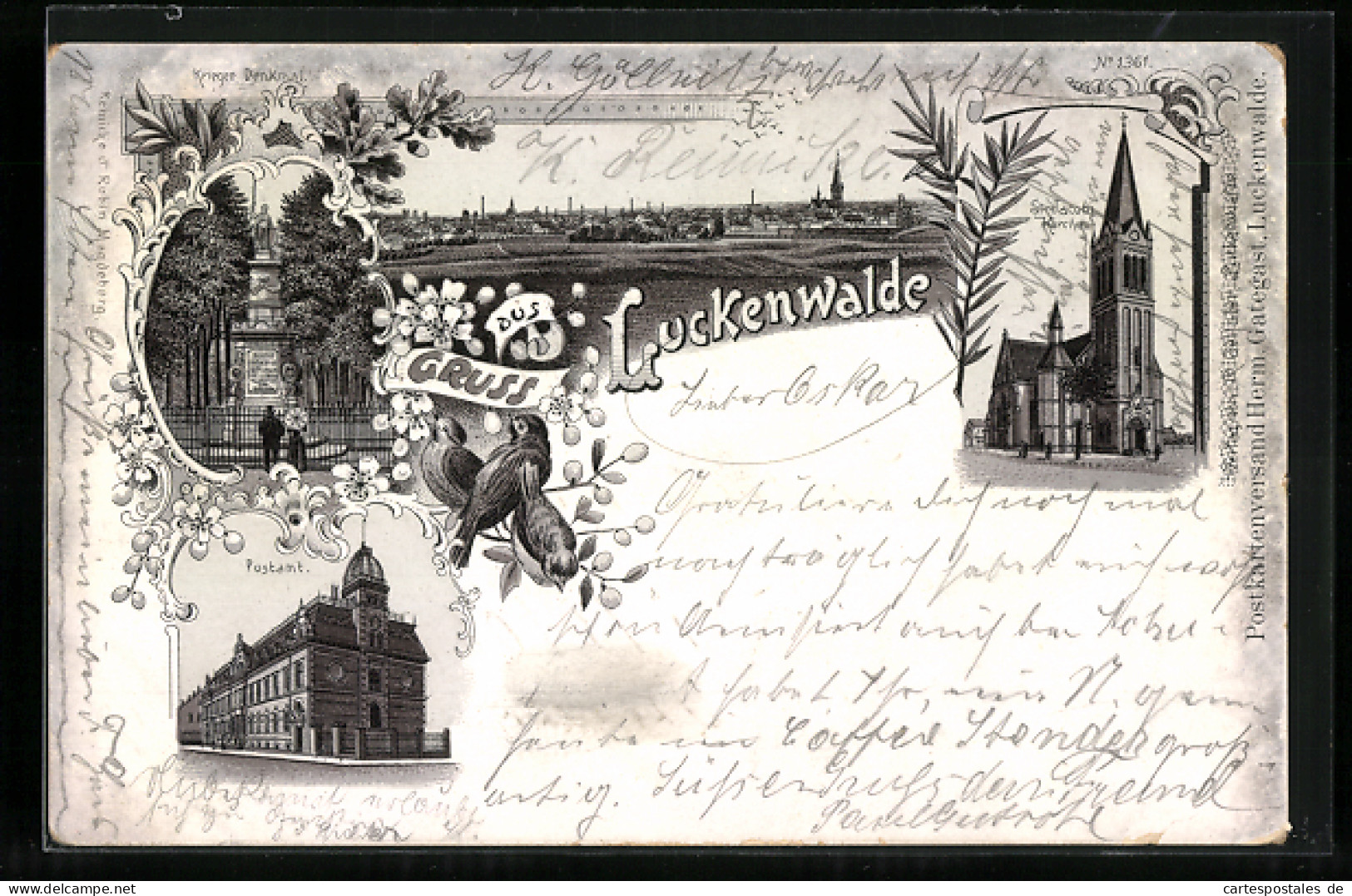 Lithographie Luckenwalde, Kriegerdenkmal, Postamt, St. Jacobi-Kirche  - Luckenwalde