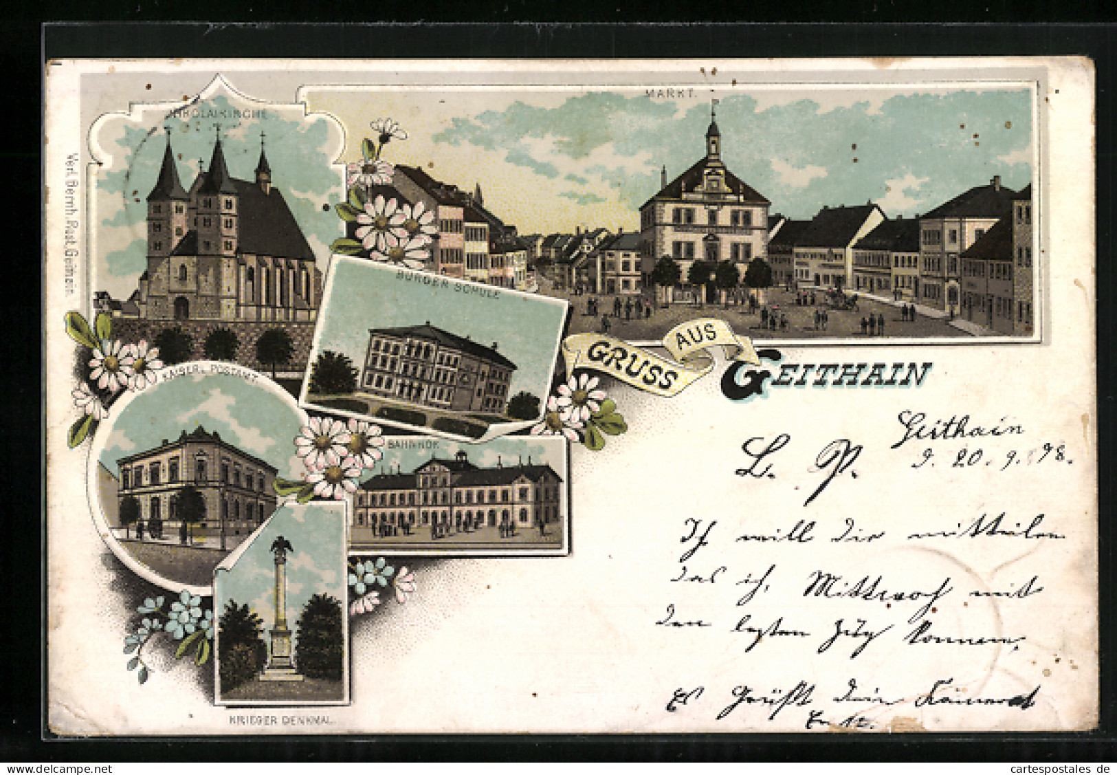 Lithographie Geithain, Bahnhof, Nikolaikirche, Kaiserl. Postamt, Kriegerdenkmal  - Geithain