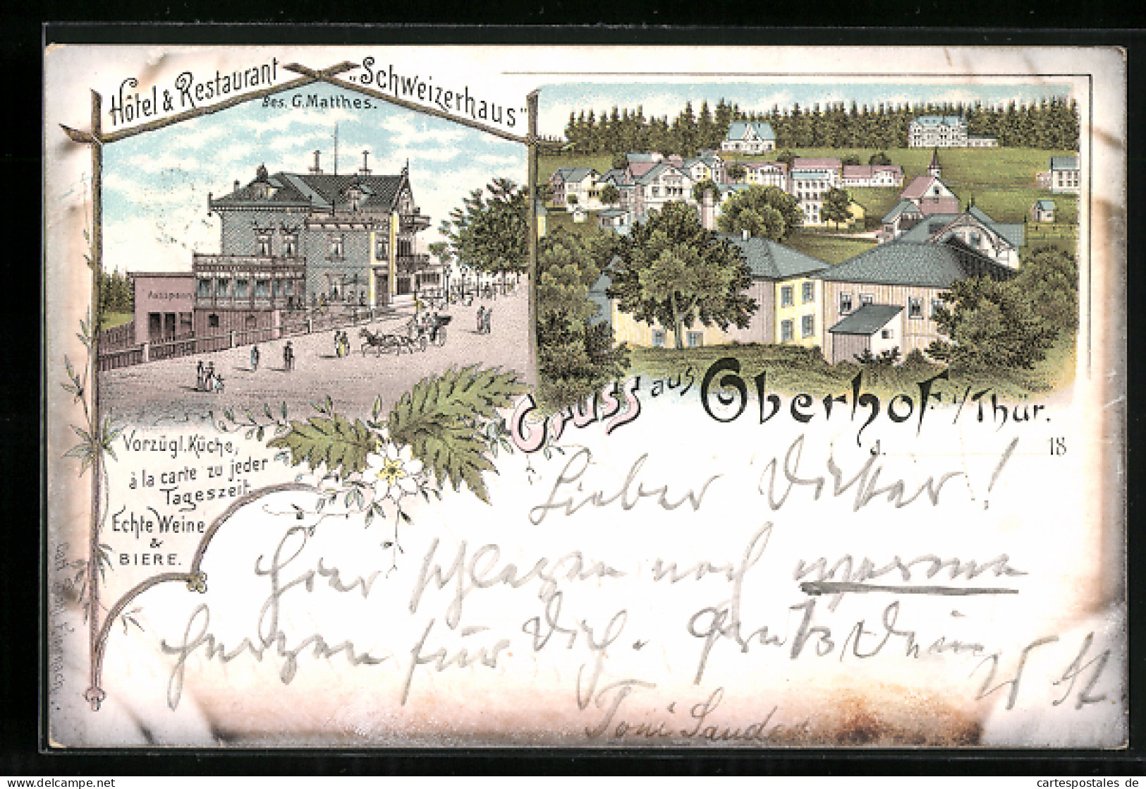 Lithographie Oberhof I. Thür., Hotel & Restaurant Schweizerhaus, Bes.: G. Matthes, Ortsansicht  - Oberhof