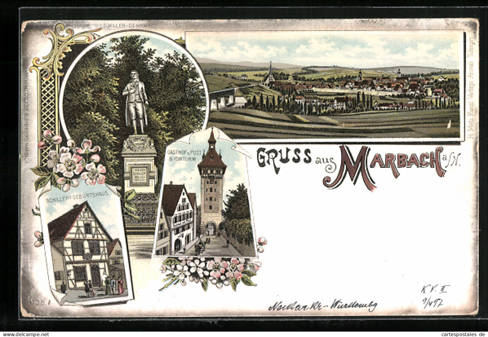 Lithographie Marbach A. N., Gasthof Zur Post & Torturm, Schiller`s Geburtshaus, Schiller-Denkmal  - Marbach