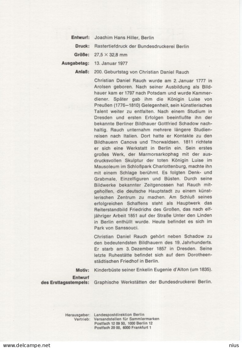 Germany Deutschland 1977-02 ETB Christian Daniel Rauch, German Sculptor, Canceled In Berlin - 1974-1980