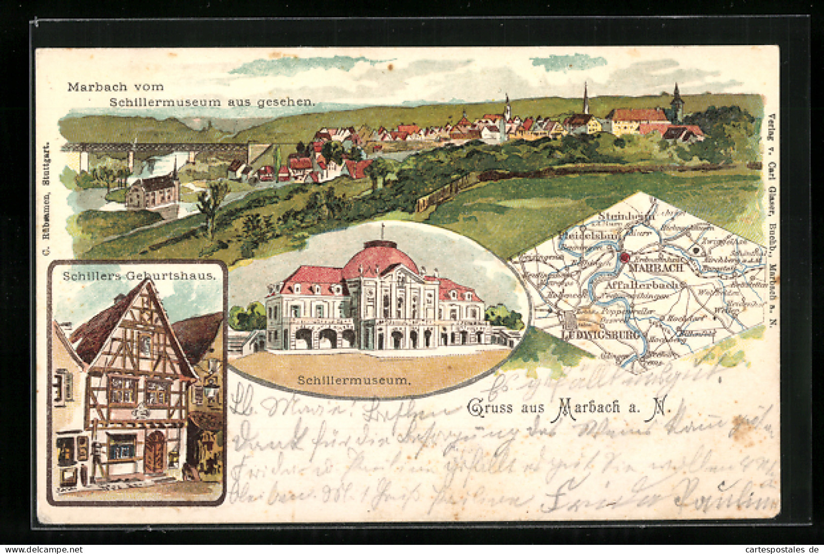 Lithographie Marbach A. N., Teilansicht Vom Schillermuseum Aus Gesehen, Schillers Geburtshaus, Landkarte Mit Steinheim  - Marbach