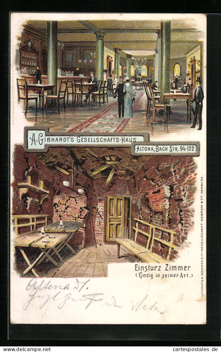 Lithographie Hamburg-Altona, A. Gibhardt`s Gesellschafts-Haus In Der Bach-Str. 94-102, Einsturz-Zimmer  - Altona