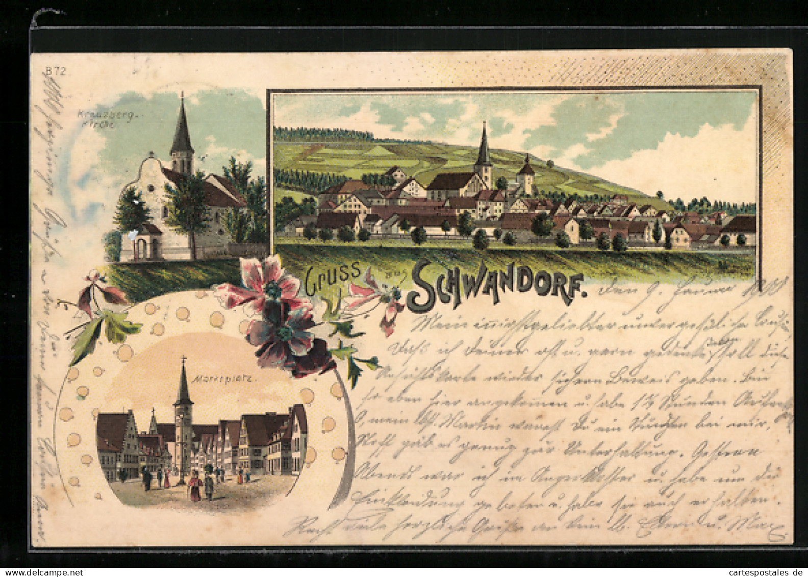 Lithographie Schwandorf, Teilansicht, Marktplatz, Kreuzberg-Kirche  - Schwandorf