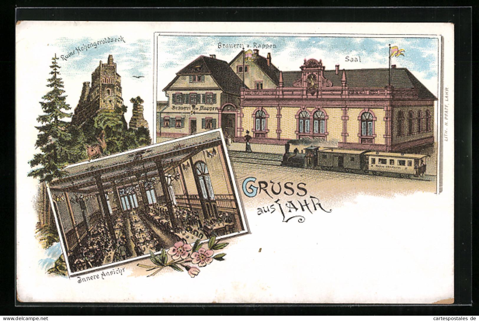 Lithographie Lahr / Baden, Gasthaus - Brauerei Zum Rappen, Ruine Hohengeroldseck  - Lahr