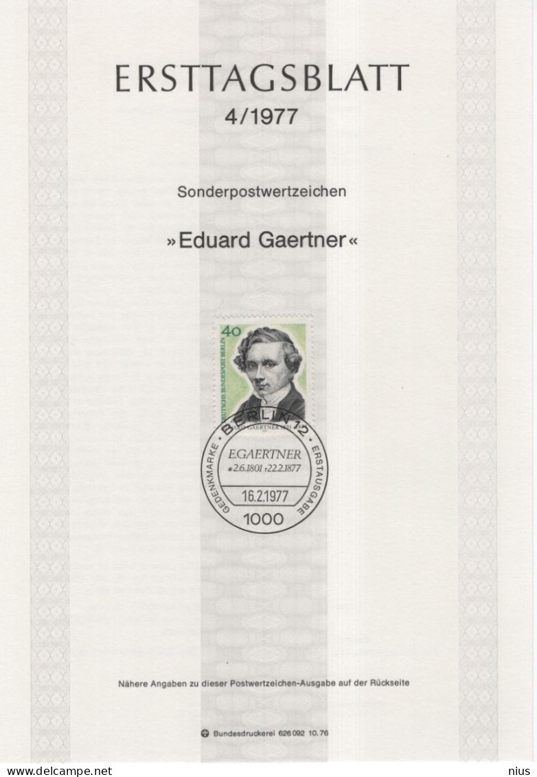 Germany Deutschland 1977-04 ETB 100th Anniversary Of The Death Of Eduard Gaertner, Painter Maler, Canceled In Berlin - 1974-1980