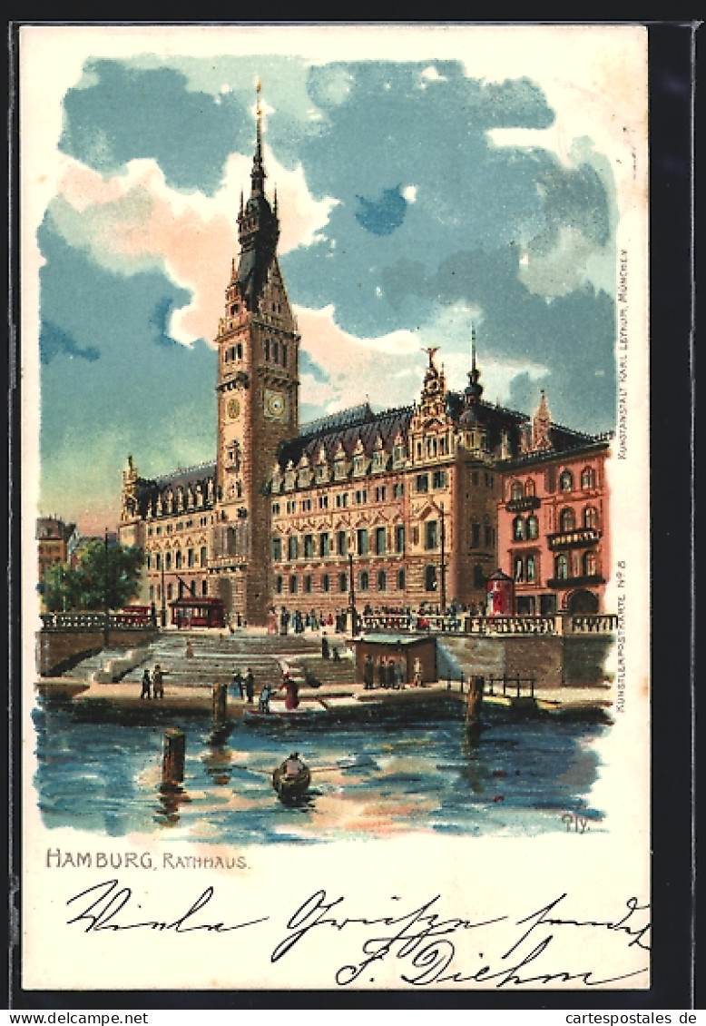 Lithographie Hamburg, Partie Am Rathaus  - Mitte