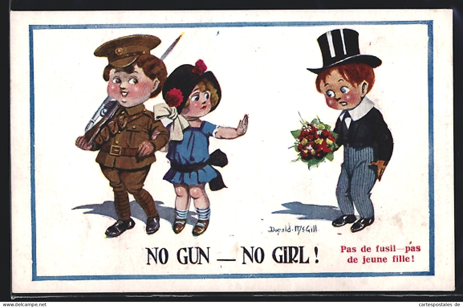 Künstler-AK Donald McGill: No Gun-no Girl!, Mädchen An Der Seite Eines Soldaten Schickt Jungen Mit Blumen Weg  - Mc Gill, Donald