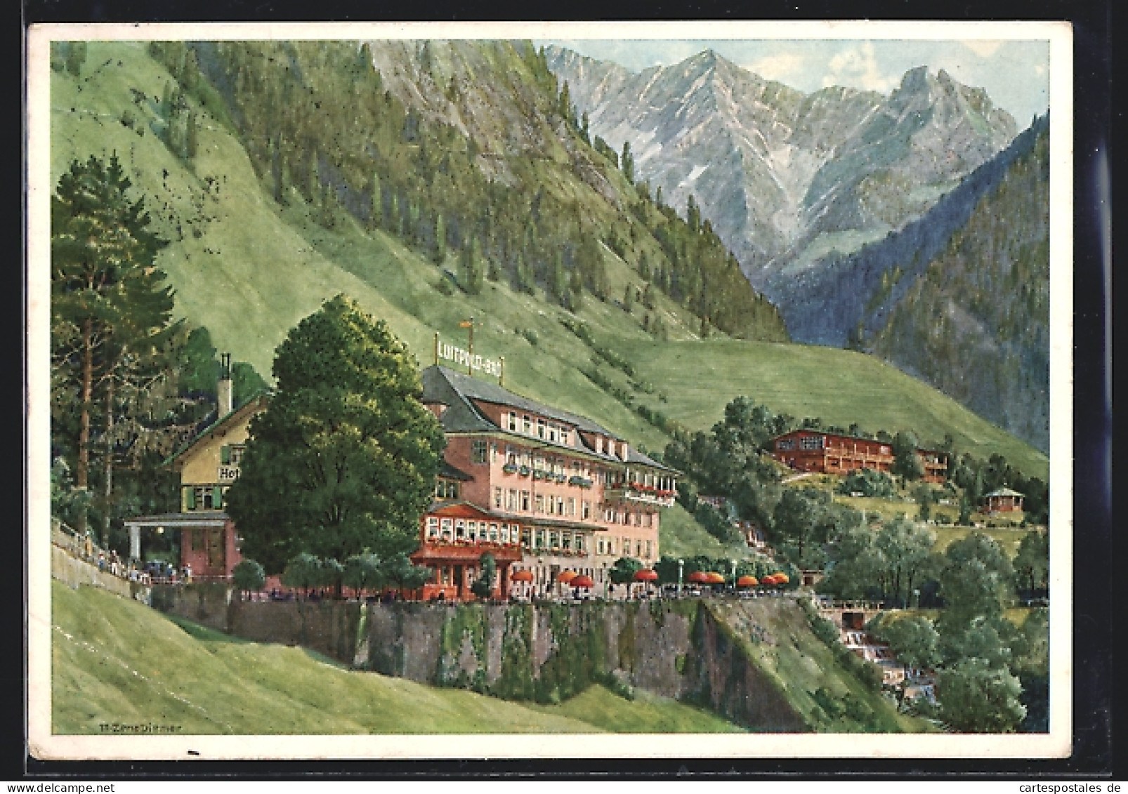 Künstler-AK Hindelang-Bad Oberdorf, Hotel Luitpold-Bad Mit Gebirge Im Hintergrund, Bes. Andreas Gross  - Hindelang