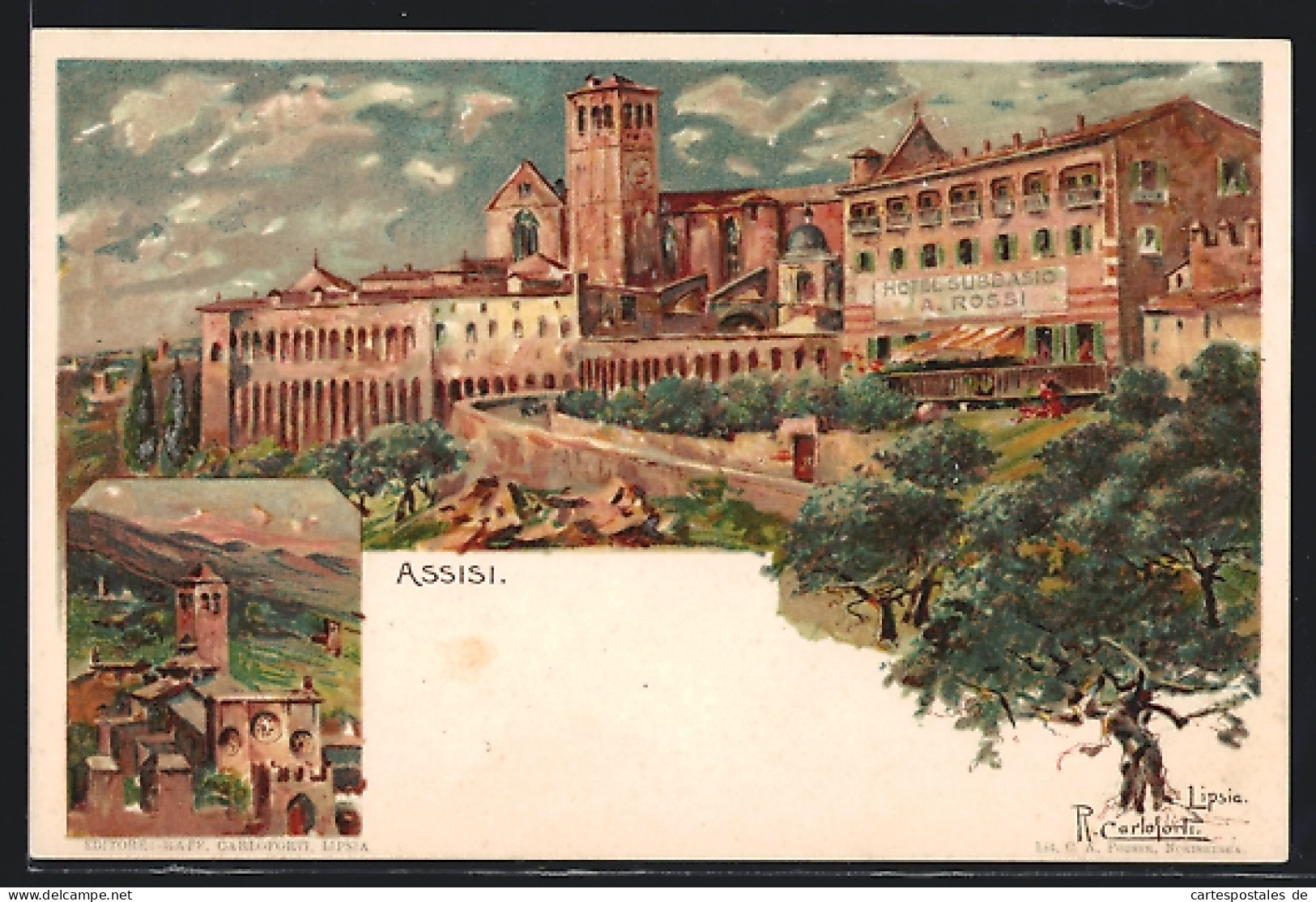 Artista-Cartolina Raffaele Carloforti: Assisi, Panoramablick Vom Ort Mit Hotel Subbasio A. Rossi  - Otros & Sin Clasificación