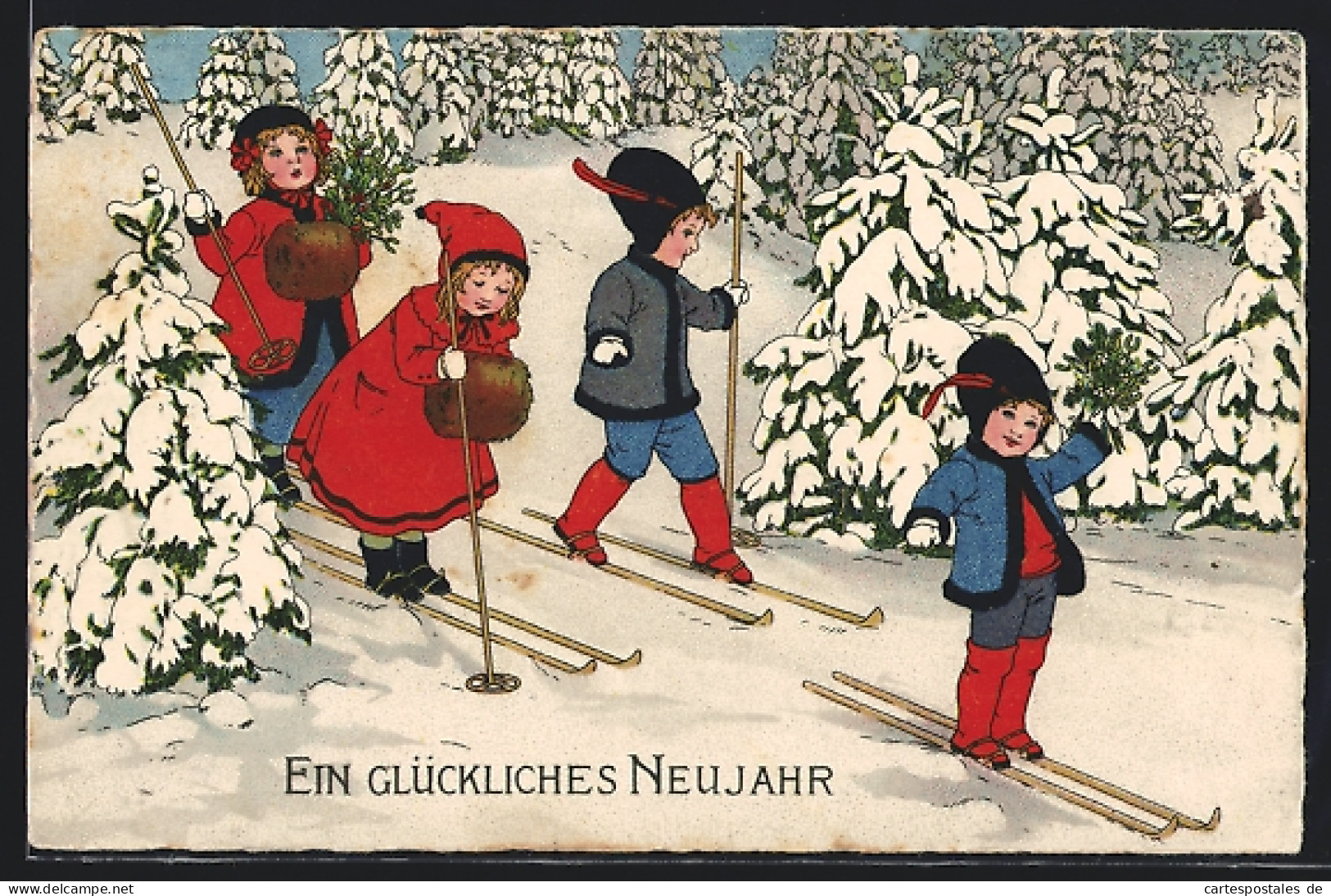AK Vier Kinder Auf Skiern Im Tannenwald Bei Schnee  - Sport Invernali
