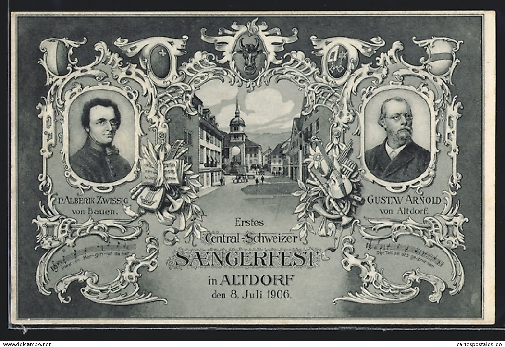 Lithographie Altdorf, Erstes Central-Schweizer Sängerfest 1906, Portraits P. Alberik Zwissig U. Gustav Arnold  - Altdorf