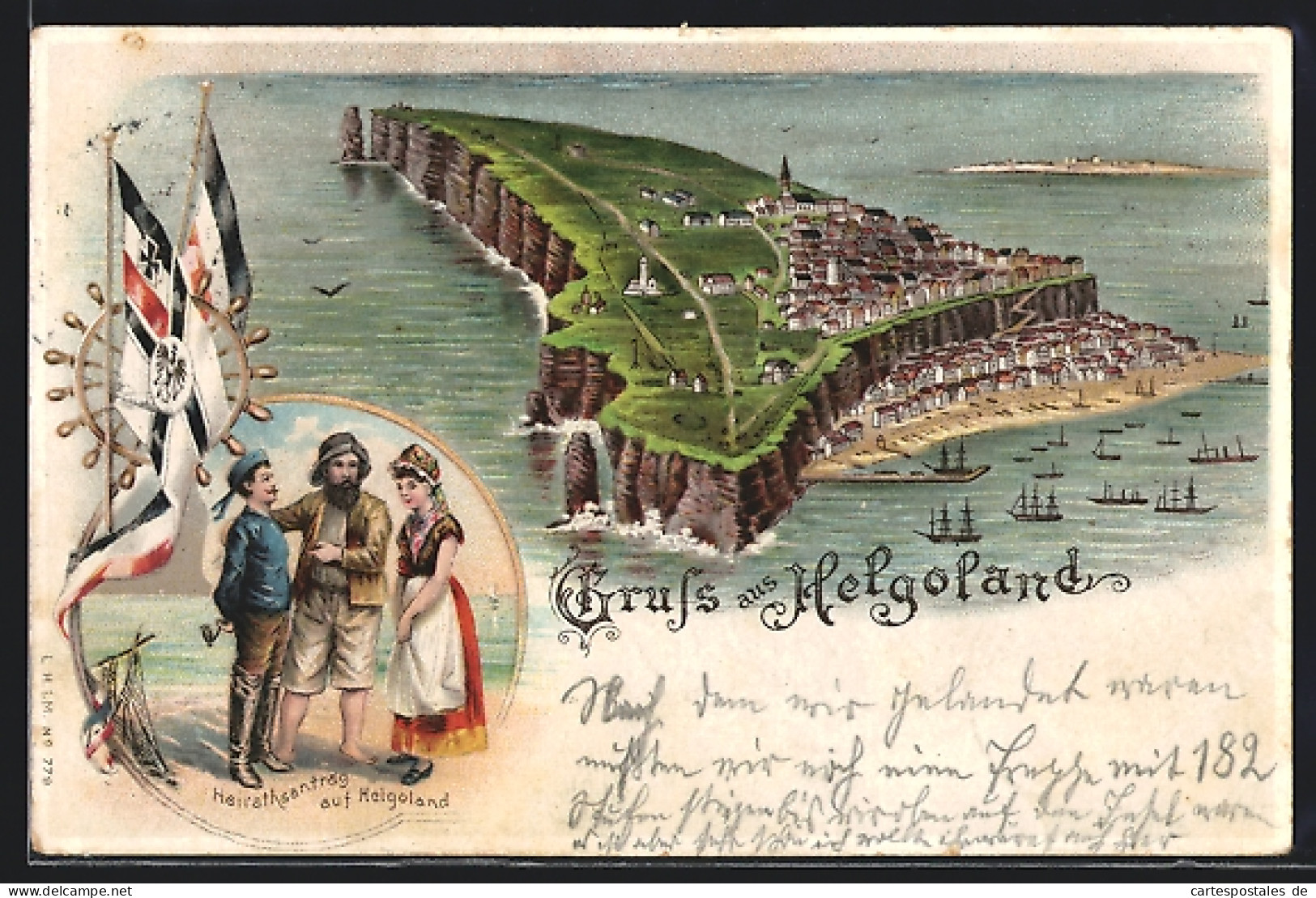 Lithographie Helgoland, Gesamtansicht Mit Heiratsantrag Aus Der Vogelschau  - Helgoland