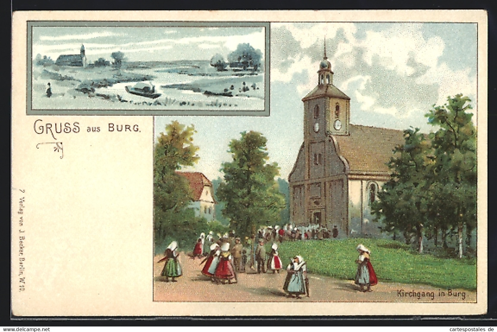 Lithographie Burg /Spreewald, Kirchgang In Burg, Panorama Der Stadt Im Winter  - Burg (Spreewald)