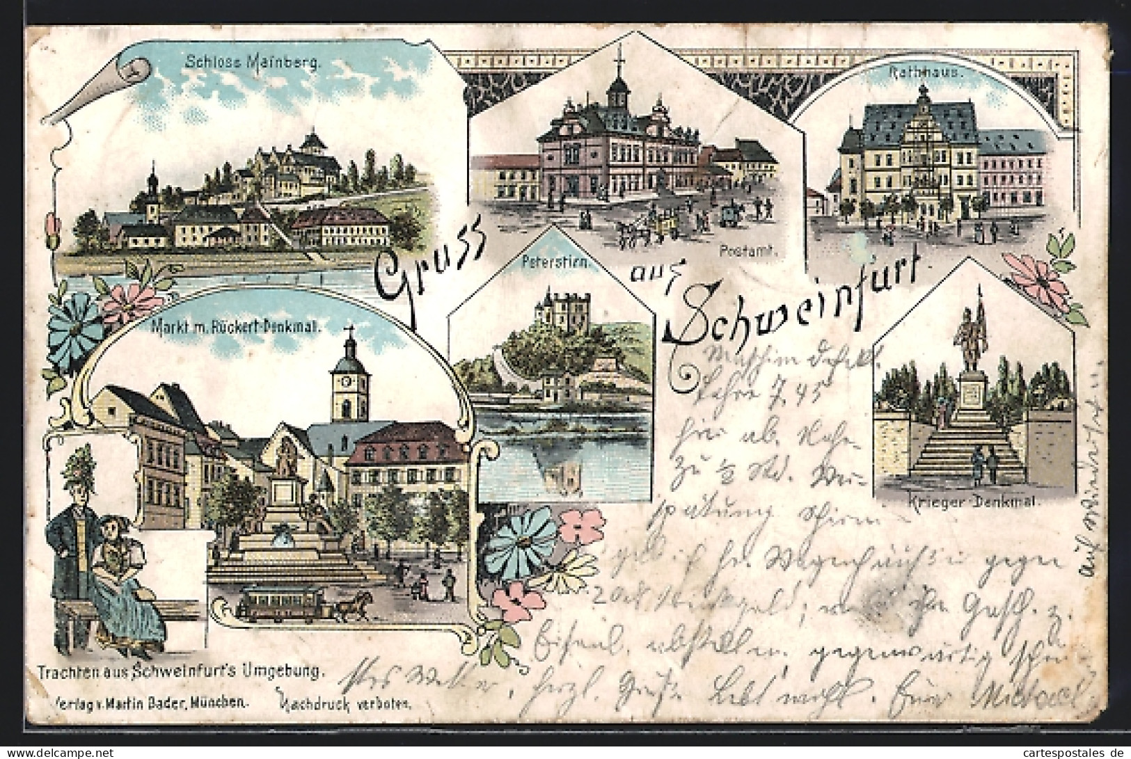 Lithographie Schweinfurt, Schloss Mainberg, Markt Mit Rückert-Denkmal, Peterstirn  - Schweinfurt