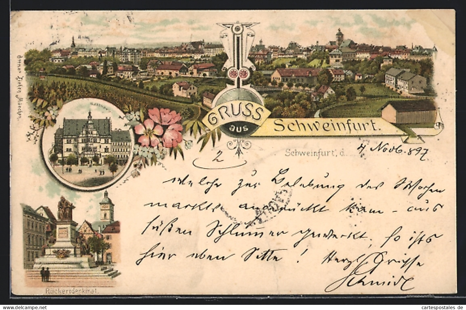 Lithographie Schweinfurt, Totalansicht, Rathaus, Rückertdenkmal  - Schweinfurt