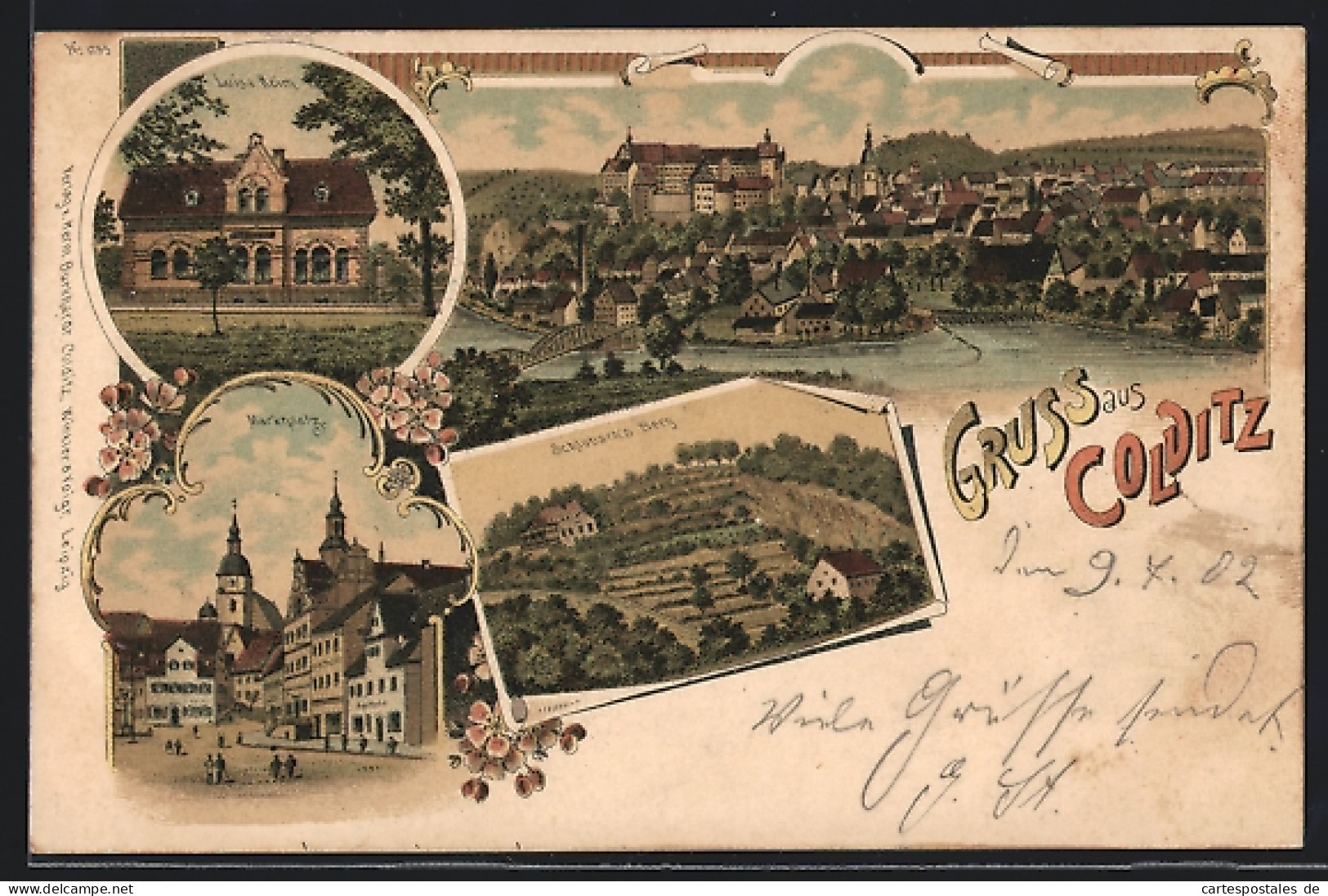 Lithographie Colditz, Gesamtansicht, Luisa Heim, Marktplatz & Schlobach`s Berg  - Colditz