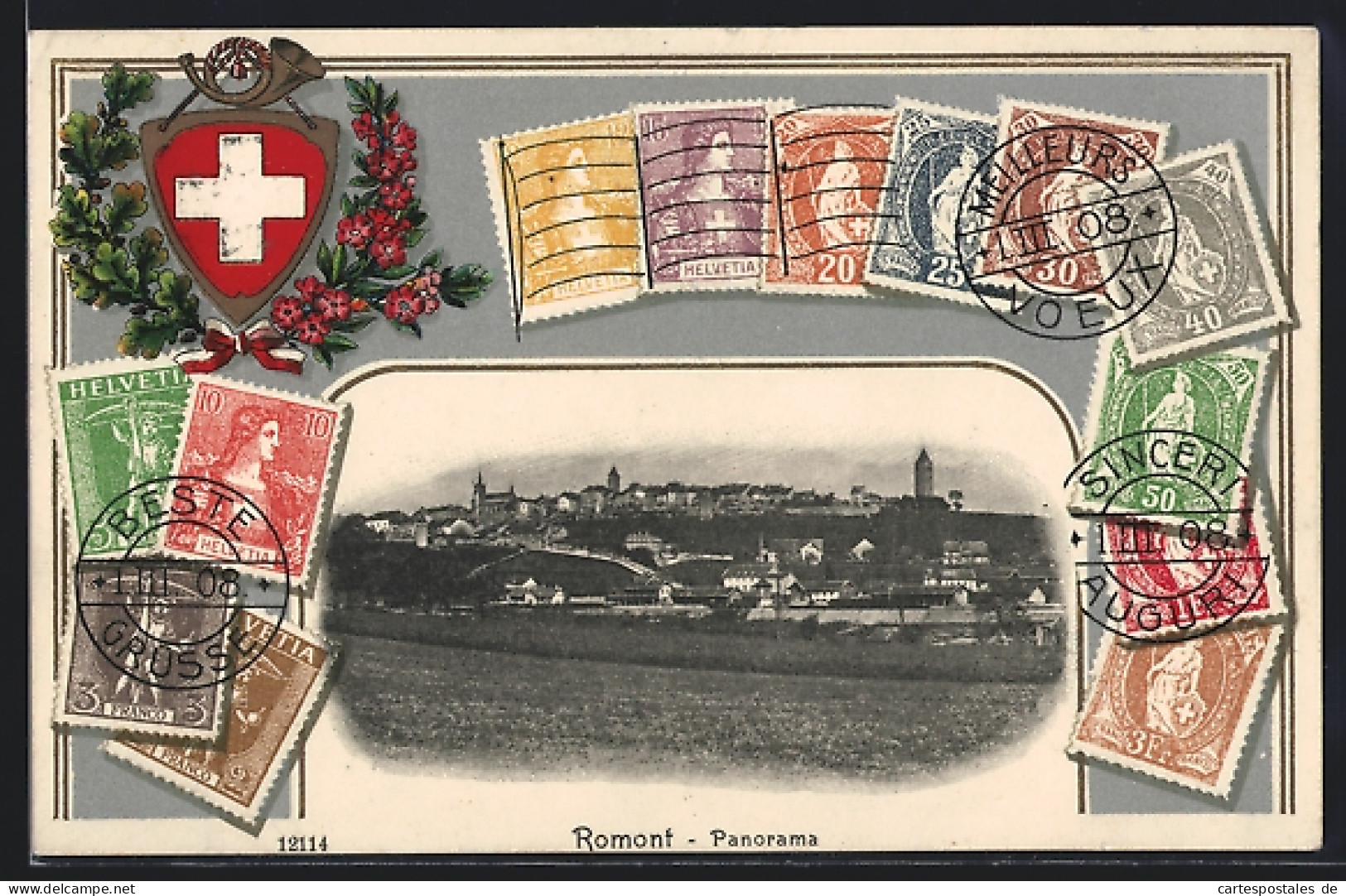 AK Romont, Panorama Der Stadt Mit Wappen Und Briefmarken  - Romont