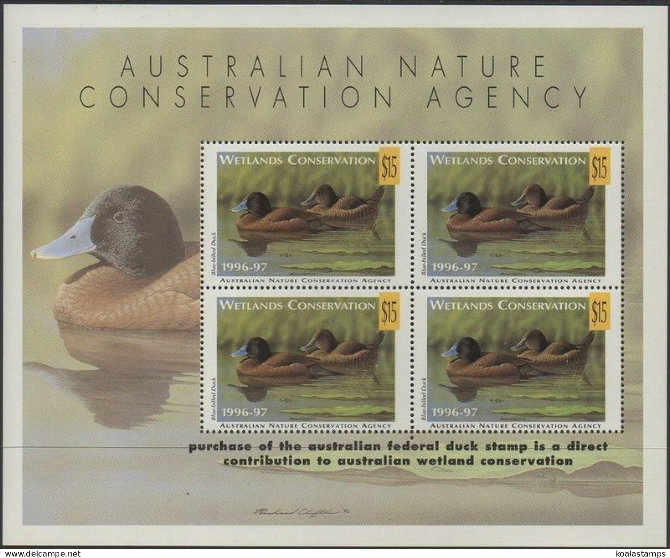 Australia Cinderella Ducks 1996 $15 Blue-billed Duck MS MNH - Cinderelas