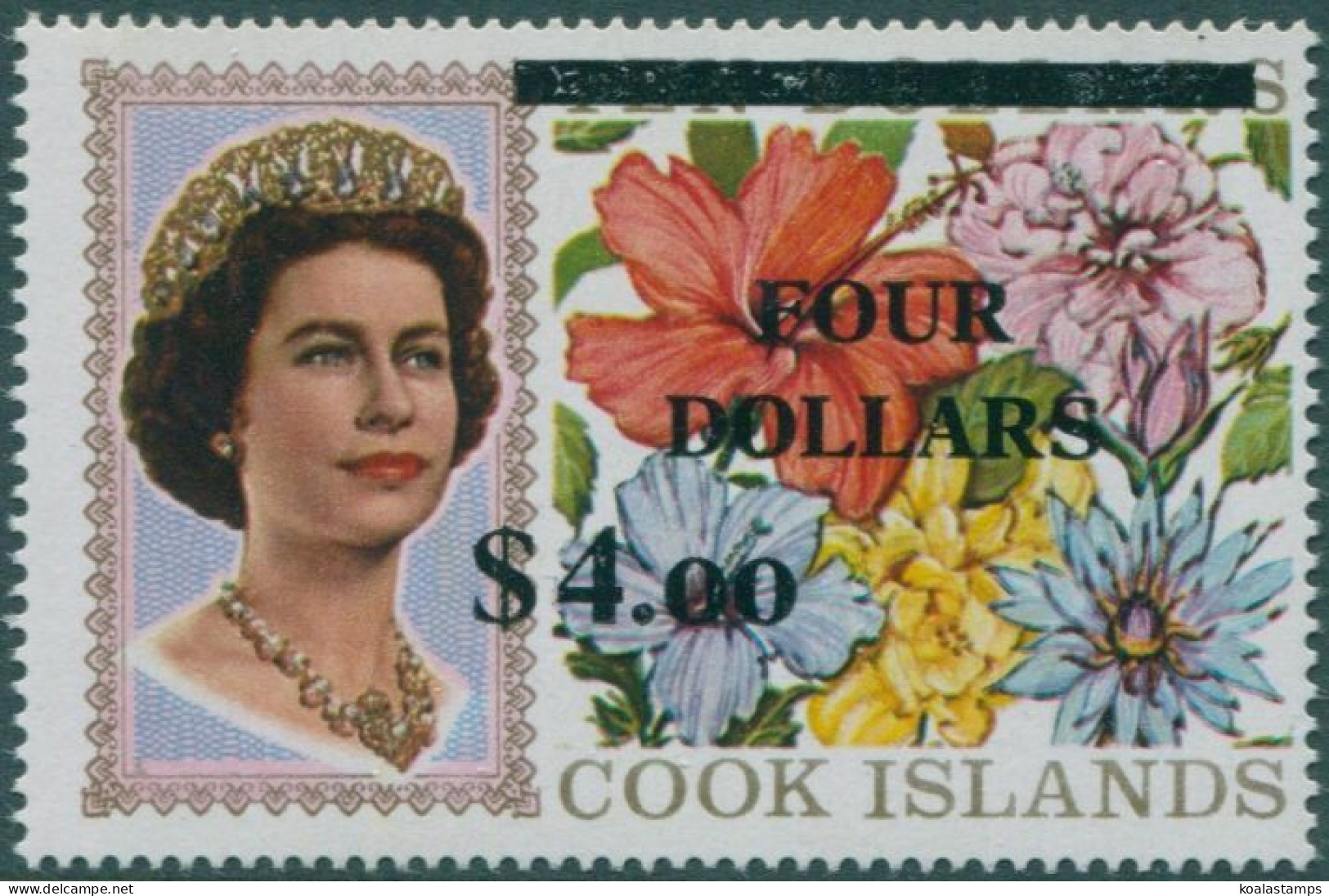 Cook Islands 1970 SG336 $4 Ovpt Flowers QEII With Paper Fold MNH - Cookeilanden