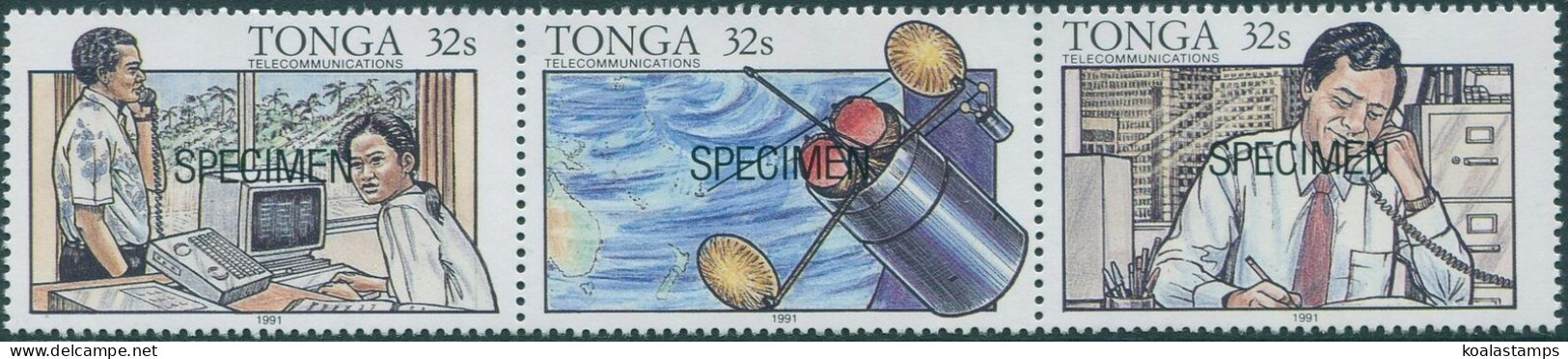 Tonga 1991 SG1139a Telecommunications SPECIMEN Strip MNH - Tonga (1970-...)