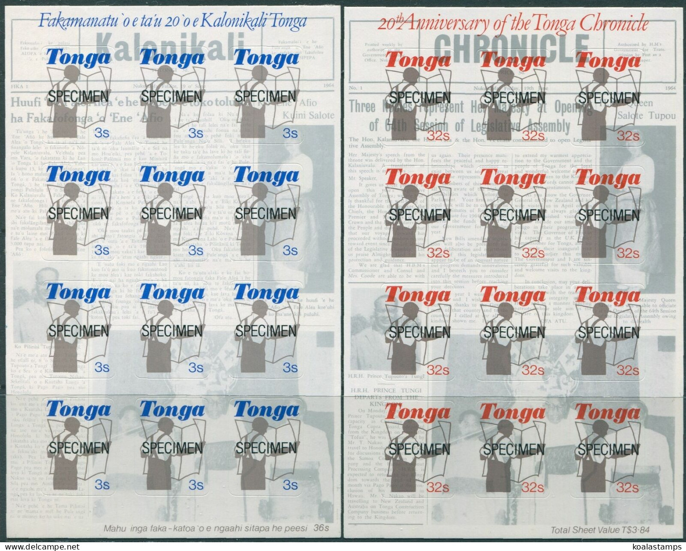 Tonga 1984 SG882a-883a Tonga Chronicle Specimen (2) Sheetlets MNH - Tonga (1970-...)