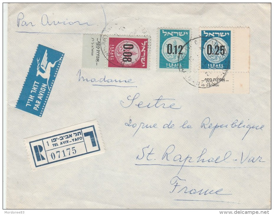 ISRAEL LETTRE RECOMMANDE AVION TEL AVIV 1961 TIMBRE STAMP TABS FRANCE SAINT RAPHAEL - Lettres & Documents