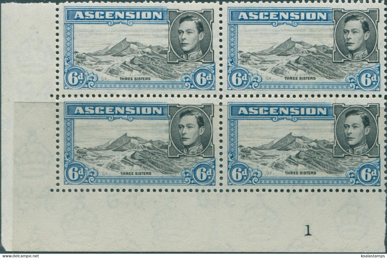 Ascension 1938 SG43a 6d KGVI Three Sisters P13 Imprint Block Left MNH - Ascensión