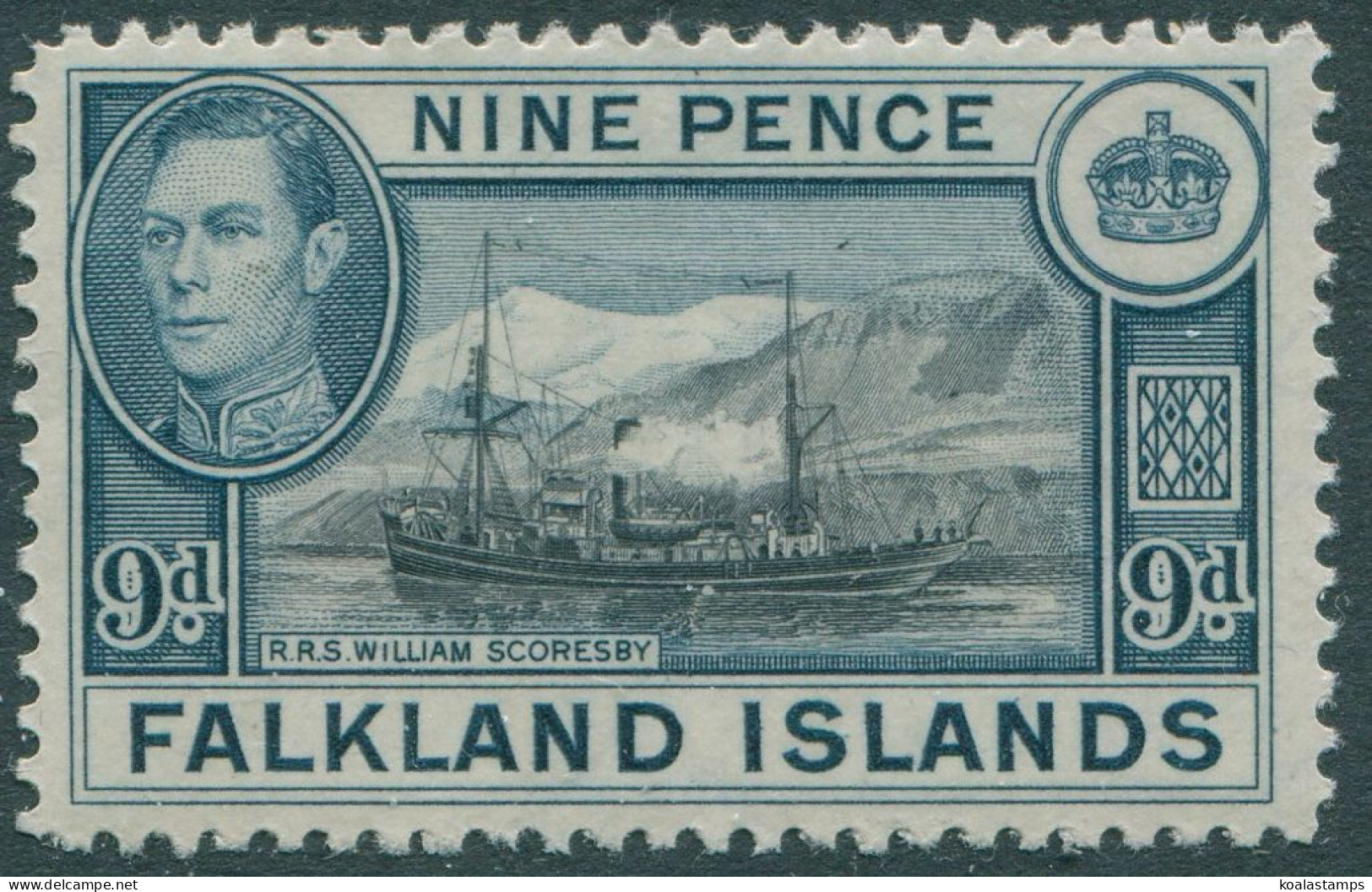 Falkland Islands 1938 SG157 9d Black And Blue RRS William Scoresby KGVI MNH - Falklandeilanden