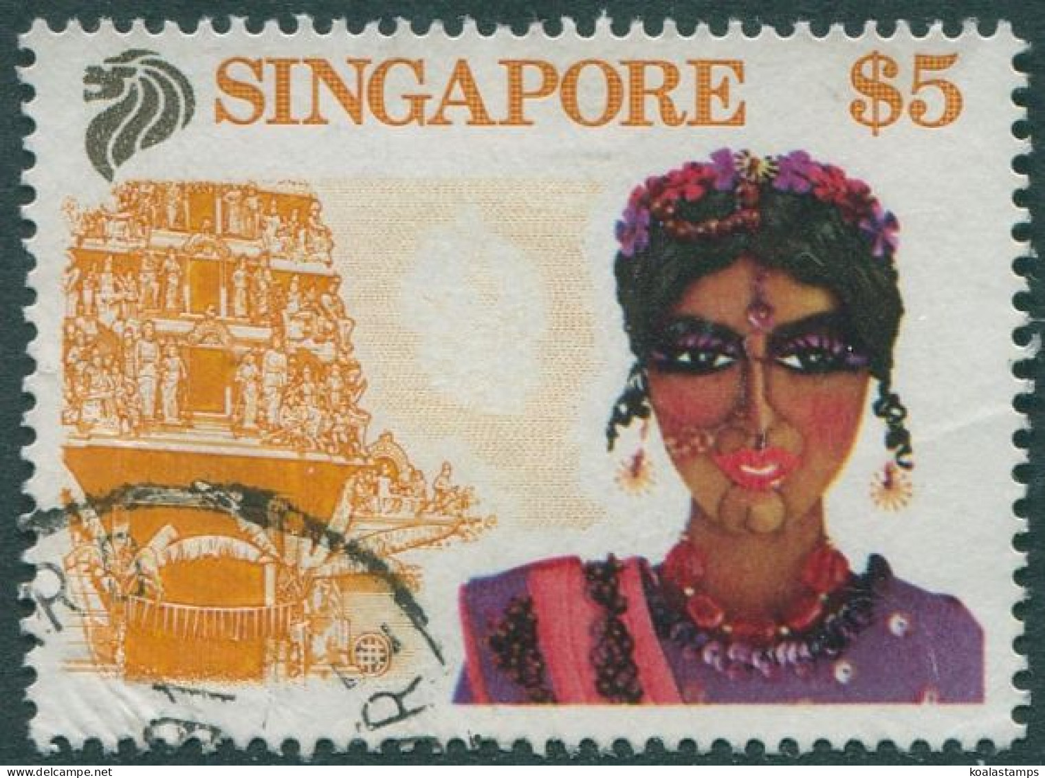 Singapore 1990 SG635 $5 Indian Dancer And Temple FU - Singapore (1959-...)