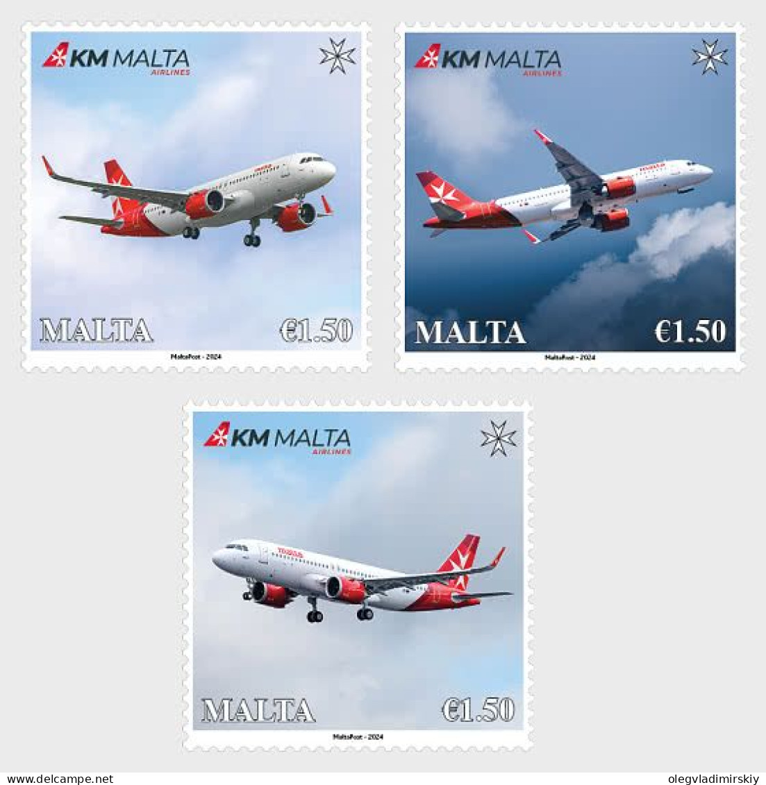 Malta 2024 KM Malta Airlines Civil Airplanes Aviation Set Of 3 Stamps MNH - Malta