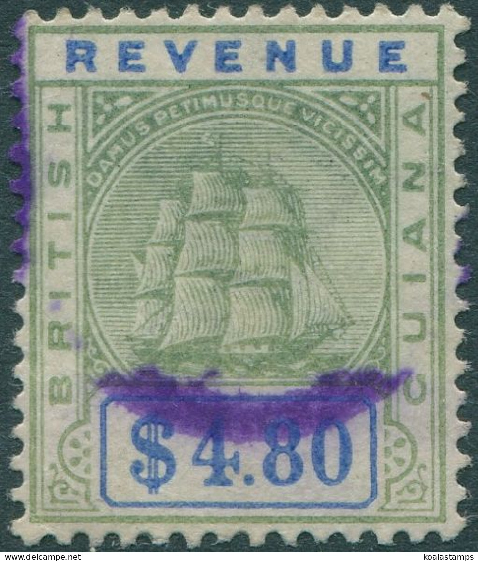 British Guiana Revenue 1889 $4.80 Blue And Green Arms FU - Guyane (1966-...)
