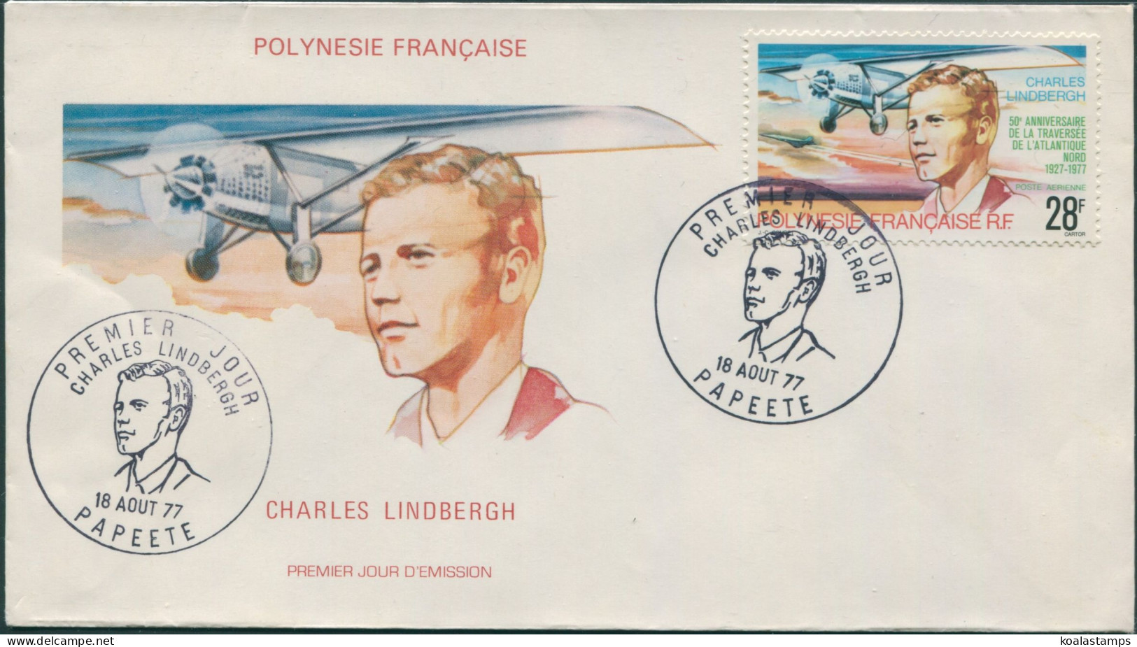 French Polynesia 1977 Sc#C149,SG257 28f Lindbergh Flight FDC - Sonstige & Ohne Zuordnung