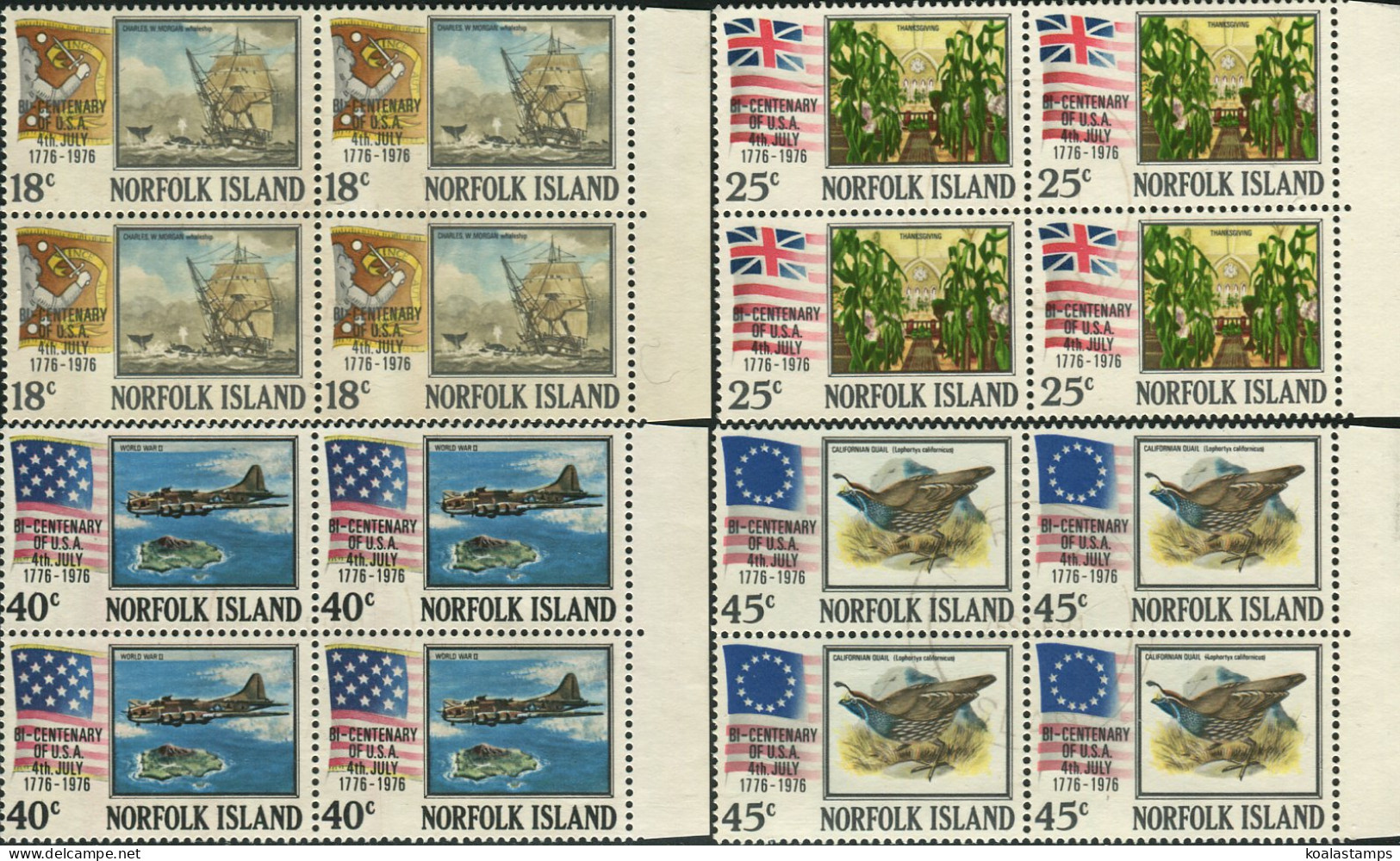 Norfolk Island 1976 SG172-175 American Revolution Set Blocks FU - Isola Norfolk