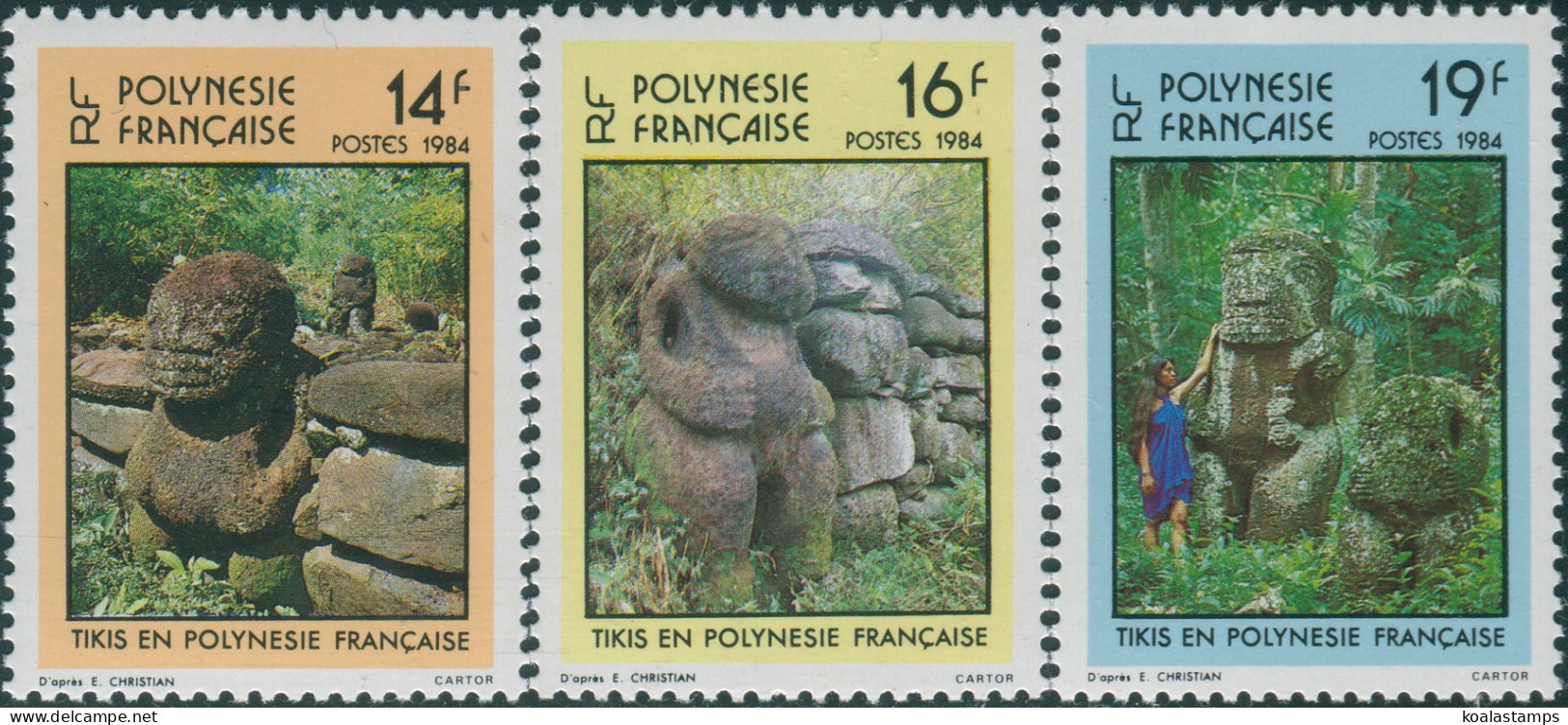 French Polynesia 1984 Sc#390-392,SG413-415 Marquesian Tikis Set MLH - Other & Unclassified