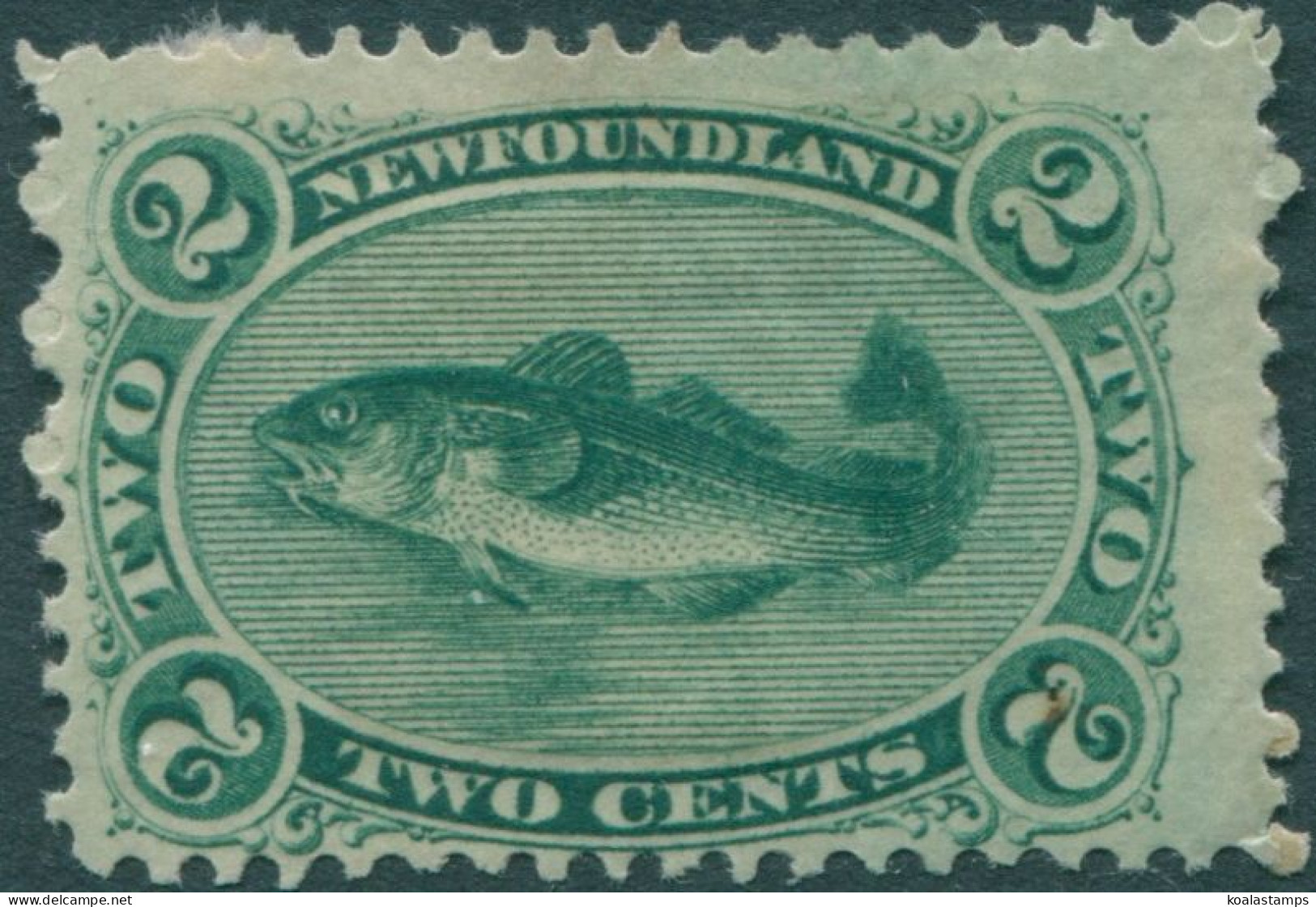 Newfoundland 1865 SG31 2c Bluish Green Atlantic Cod Heavily Hinged MH - 1865-1902